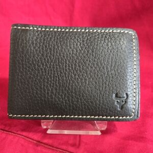 Trask Black Leather Money Clip with Contrast Stitching and Bull Logo